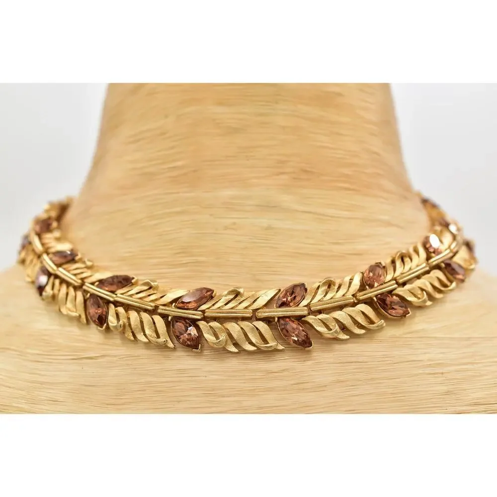 Lisner Vintage Choker Collar Necklace Crystal Brushed Gold Chunky Signed BinBJ